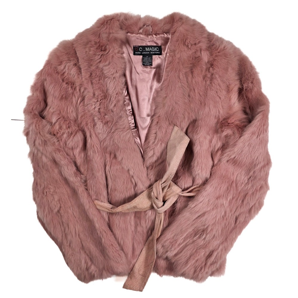 C. Magic Pink 100% Rabbit Fur Belted Suede Tie Jacket‎ Women's Size M Vintage